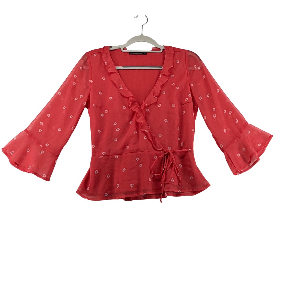 Abercrombie & Fitch Womens Small Coral Floral Wrap Blouse Sheer Bell Sleeve Boho